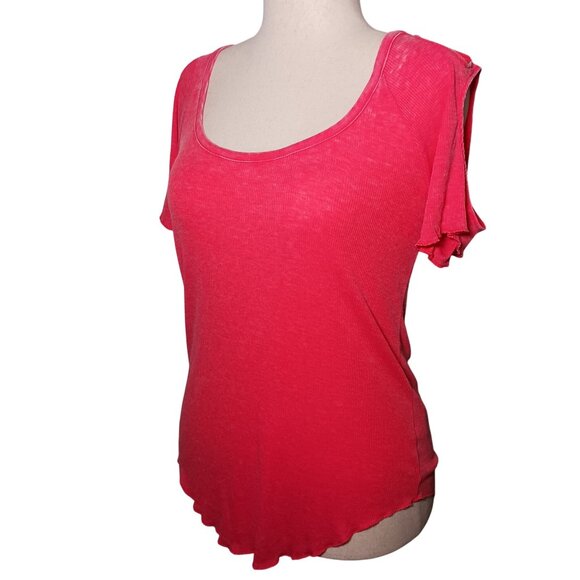 NEW Chaser Ribbed Cotton Blend Top Cut-out Shoulders Watermelon Pink L - Picture 1 of 12